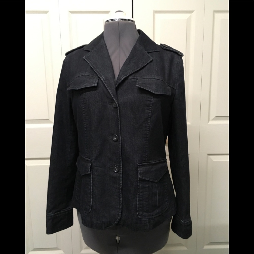 Black tailored denim jacket.